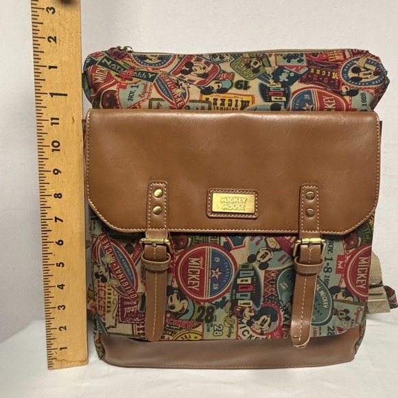 Disney Mickey Mouse Vintage Collage Backpack Brown Leather Accents - Picture 4 of 9